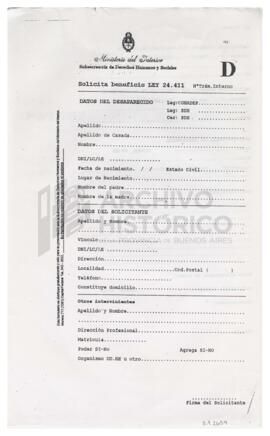 Formulario en blanco de solicitud de beneficio Ley 24411, Ministerio del Interior, Subsecretaría ...