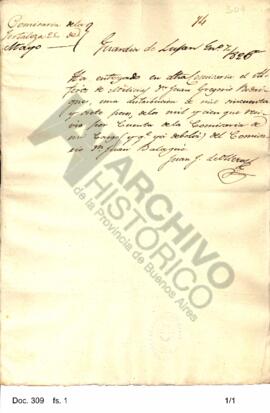 Constancia suscrita por Juan J. de Olleros referida a dineros distribuidos.1828