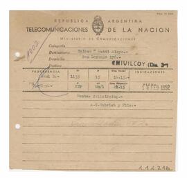 Telegrama recibido por Adelina y Luis María con motivo de su casamiento 1952