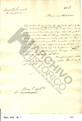 Borrador de un oficio remitido por Rosas al comandante del Regimiento Nº 5 comunicándole el trasl...