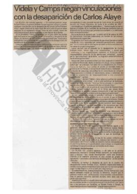 Recorte del diario La Nueva Provincia “Videla y Camps niegan vinculaciones con la desaparición de...