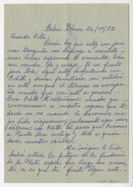 Carta dirigida a Adelina (Tota), firmada por Delia. Bahía Blanca. 1982
