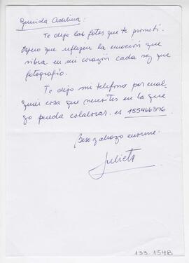Nota dirigida a Adelina, firmada Julieta