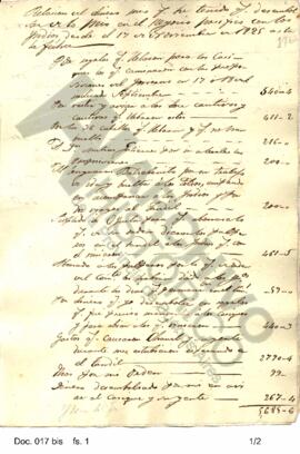 Copia de un manuscrito emitido por Rosas indicando los desembolsos efectuados al desempeñar la co...