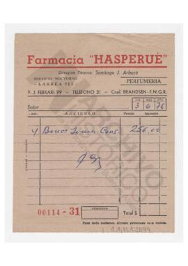 Boleta de compra en farmacia Hasperué. 1976