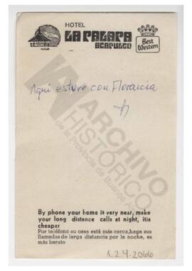 Nota escrita por Adelina “Aquí estuve con Florencia” en una hoja del hotel La Palapa, Acapulco