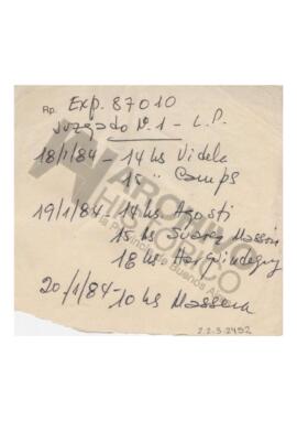 Manuscrito de Adelina sobre expediente 87010, con fecha y hora de las declaraciones de Videla, Ca...
