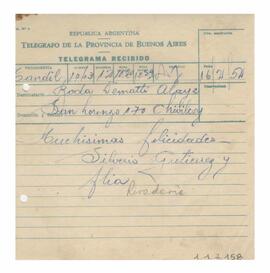 Telegrama recibido por Adelina y Luis María con motivo de su casamiento 1952