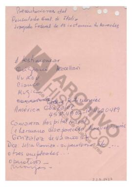Manuscrito de Adelina sobre Presentaciones del Consulado Gral. de Italia. Juzgado Federal de 1ra ...