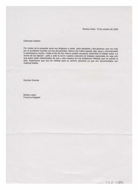 Carta recibida por Adelina, firmada por Miriam Lewin, Francina Delgado. Buenos Aires. 2006