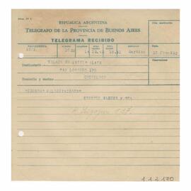 Telegrama recibido por Adelina y Luis María con motivo de su casamiento 1952