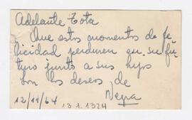 Nota enviada a Adelina. Firmada, Negra. 1964