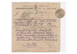 Telegrama enviado a Luis María Alaye por Adelina. 1951, Carhué