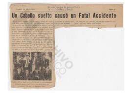 Recorte del diario Clarín de Brandsen “Un caballo suelto causó un fatal accidente”. Con anotación...