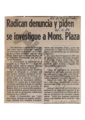 Recorte del diario El Día “Radican denuncia y piden se investigue a Mons. Plaza”. 1984
