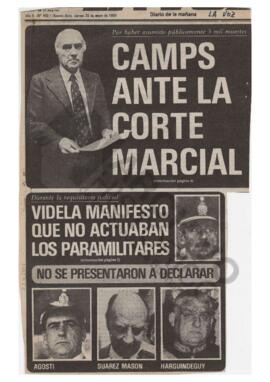 Recorte del diario La Voz “Camps ante la corte marcial. Videla manifestó que no actuaban los para...