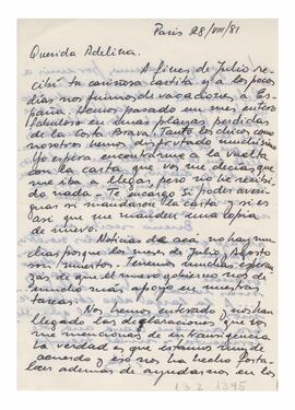 Correspondencia recibida por Adelina desde París. Firmada por Tita. 1981
