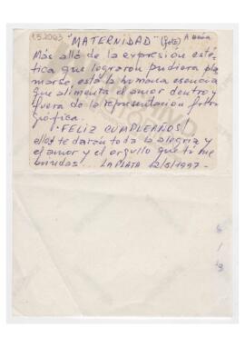 Nota de Adelina a María por su cumpleaños, titulada “Maternidad”. 1997