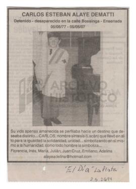 Recordatorio de Carlos publicado en el diario El Día, 2007