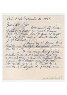 Carta enviada a Adelina e hijos por Luis María Alaye. 1964, Azul. Nota firmada por Cacho, y otra ...