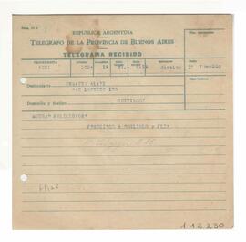 Telegrama recibido por Adelina y Luis María con motivo de su casamiento 1952