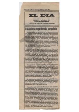 Recorte diario El Día "Una valiosa experiencia, congelada". 1983