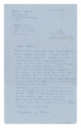 Carta enviada a Adelina desde Falkenberg, Suecia. Firmada por Margareta y Marita. Escrita en fran...