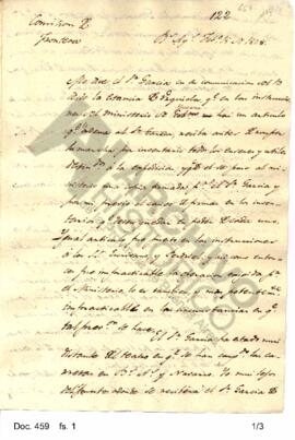 Borrador de una nota enviada por Rosas a  García donde observa  los inconvenientes existentes par...