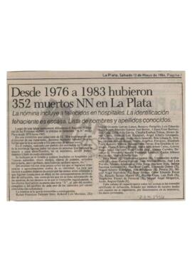 Recorte de diario “Desde 1976 a 1983 hubieron 352 muertos NN en La Plata” 1984