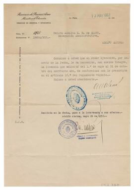 Nota N3700: expediente N18855/952. Sobre solicitud de licencia del 1952-05-01 al 1952-10-31, Adol...