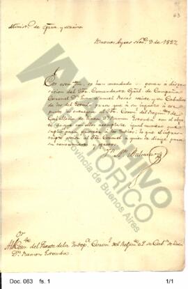 El Ministro de Guerra y Marina comunica al coronel Estomba que se ponen caballos a disposición de...